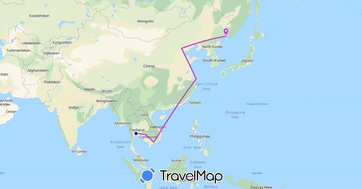 TravelMap itinerary: driving, train in China, Cambodia, Russia, Thailand, Vietnam (Asia, Europe)